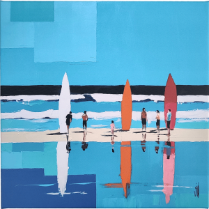 Surfs sur la plage, impression sur toile